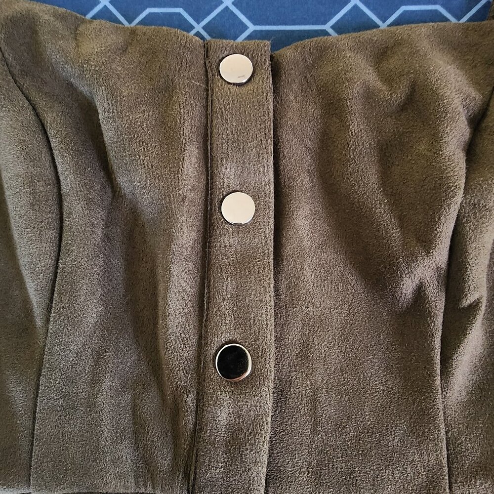Allegra K Faux Suede Olive Green Button Decor A-Line Mini Overall Dress | Large - Picture 3 of 6
